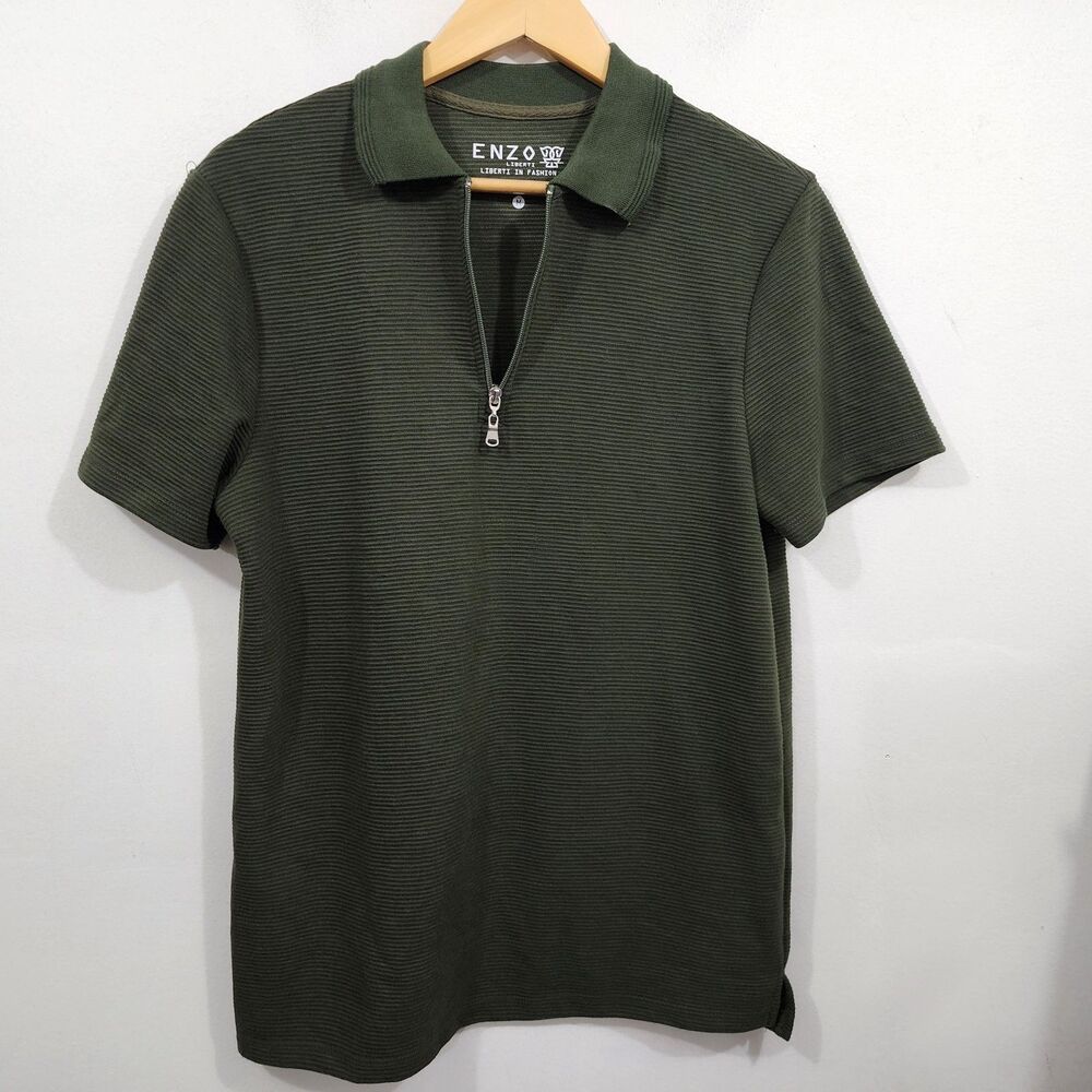 Enzo Liberte Mens Ribbed Knit Polo Shirt Quarter-Zip Short Sleeve Green Size M